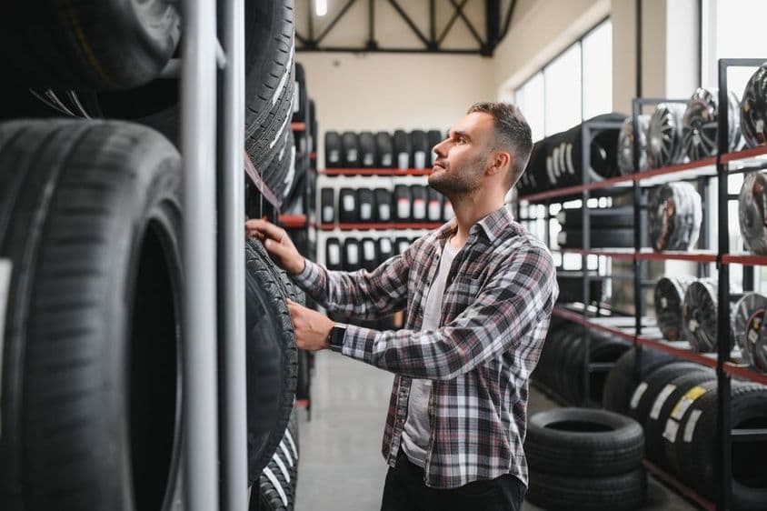 Férfi ügyfél gumiabroncsokat választ a boltban.
