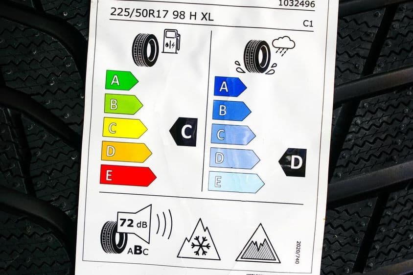 Téli gumiabroncs címke új piktogrammal jeges hegycsúccsal.