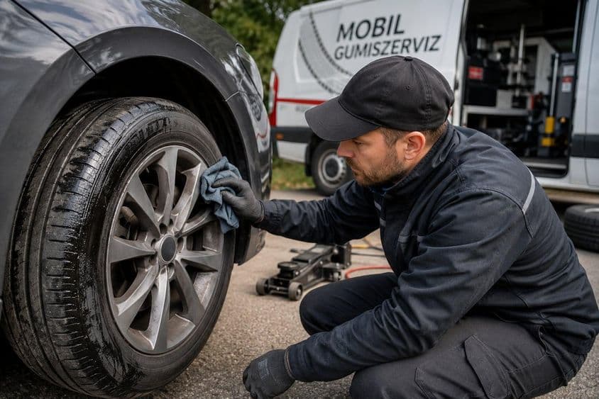 Mobil gumiszerviz kerékellenőrzés közben