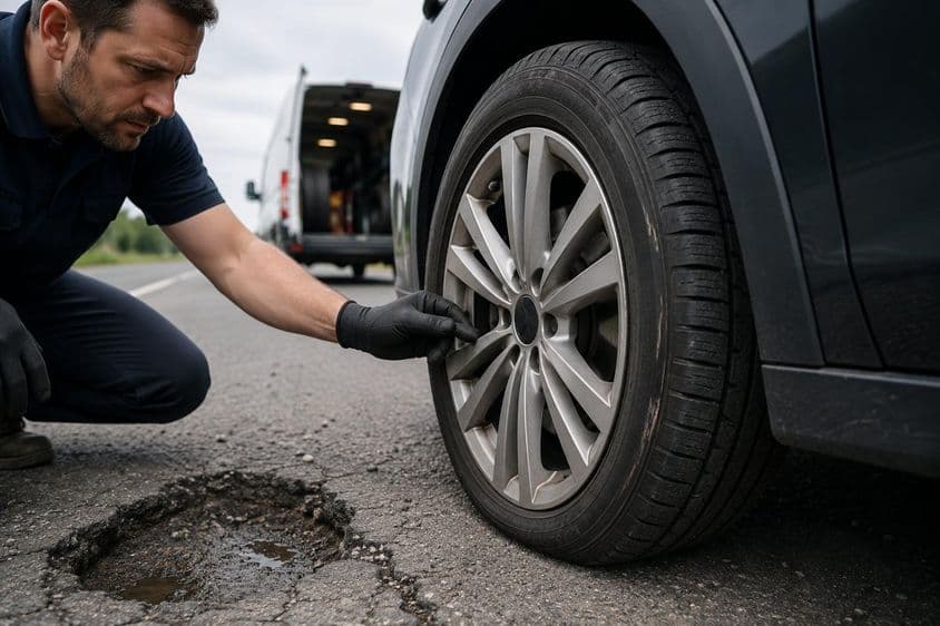 Útszéli abroncsvizsgálat segélyautóval