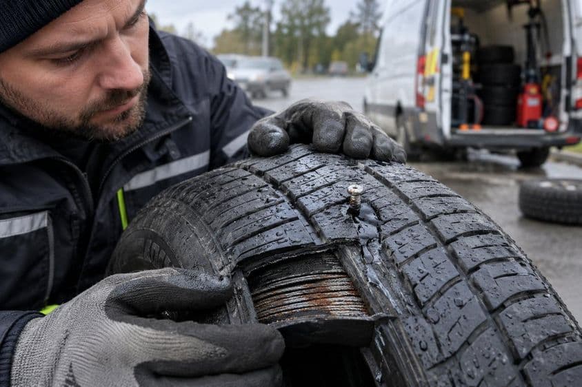 Gumiszerelő defektes gumiabroncsot vizsgál