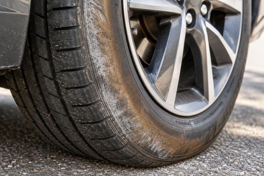 Barnás és fehéres kivirágzás az autógumi oldalfalán