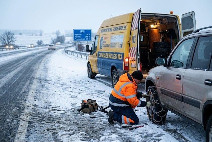 Hólánc felszerelése téli autópályán
